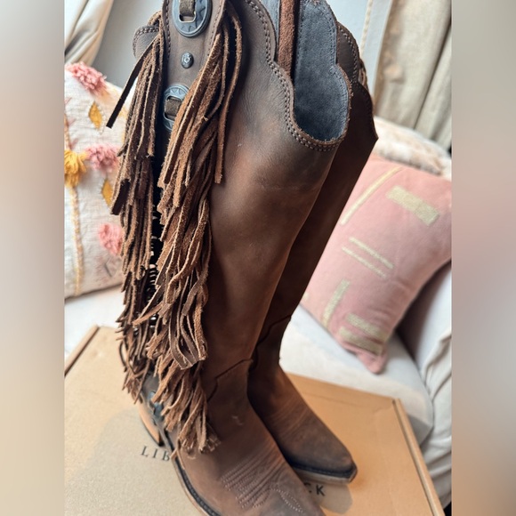 Like New, With Box Liberty Black Brown Fringe Trim Heeled Ophelia Cowboy Boots - Picture 12 of 17